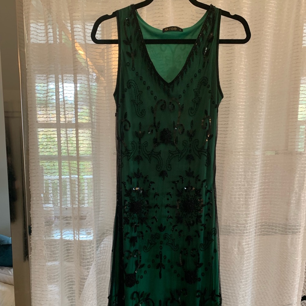 emerald green dress with black sequence